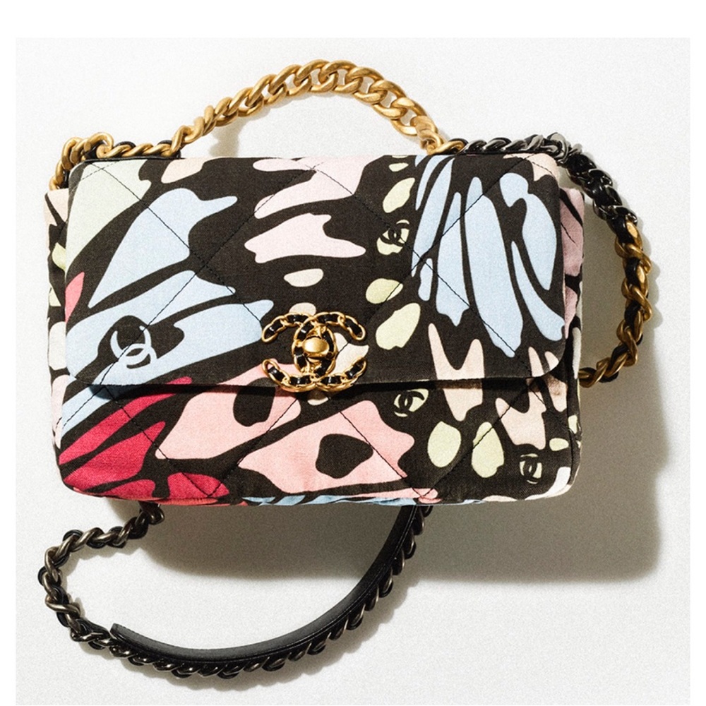 RARE! Chanel 19 Flap Bag Quilted Fabric Medium Blue, Multicolor